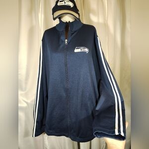 Seahawks Sweatshirt +Cap, With Sticker, Men, ZipUp, Blue +White, Logo, NFL, L